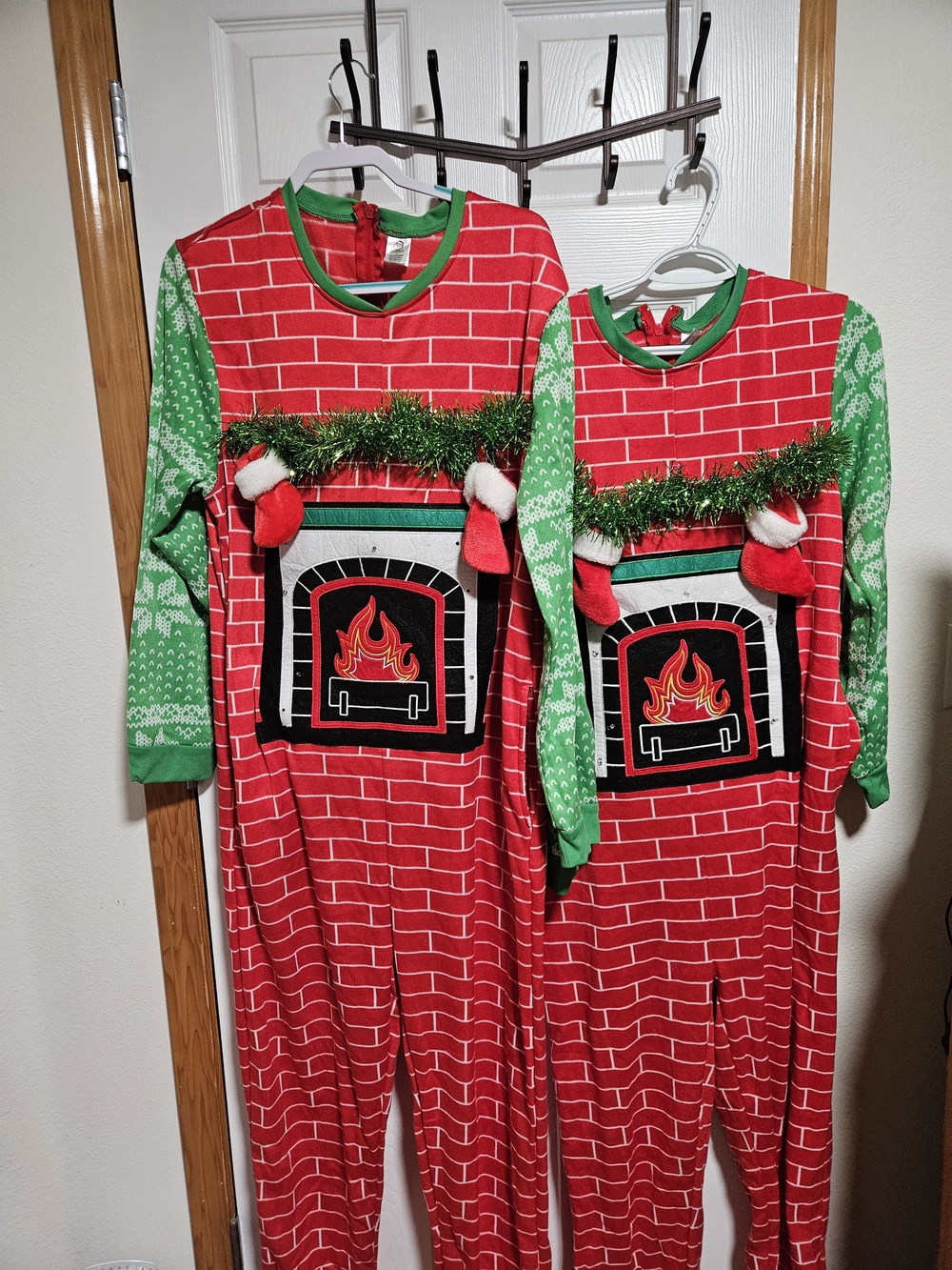 Ugly Christmas Red Fireplace One-Piece Pajamas Pair LG and SM